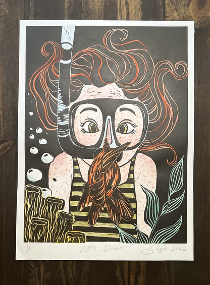 Little Diver Original Handmade Print